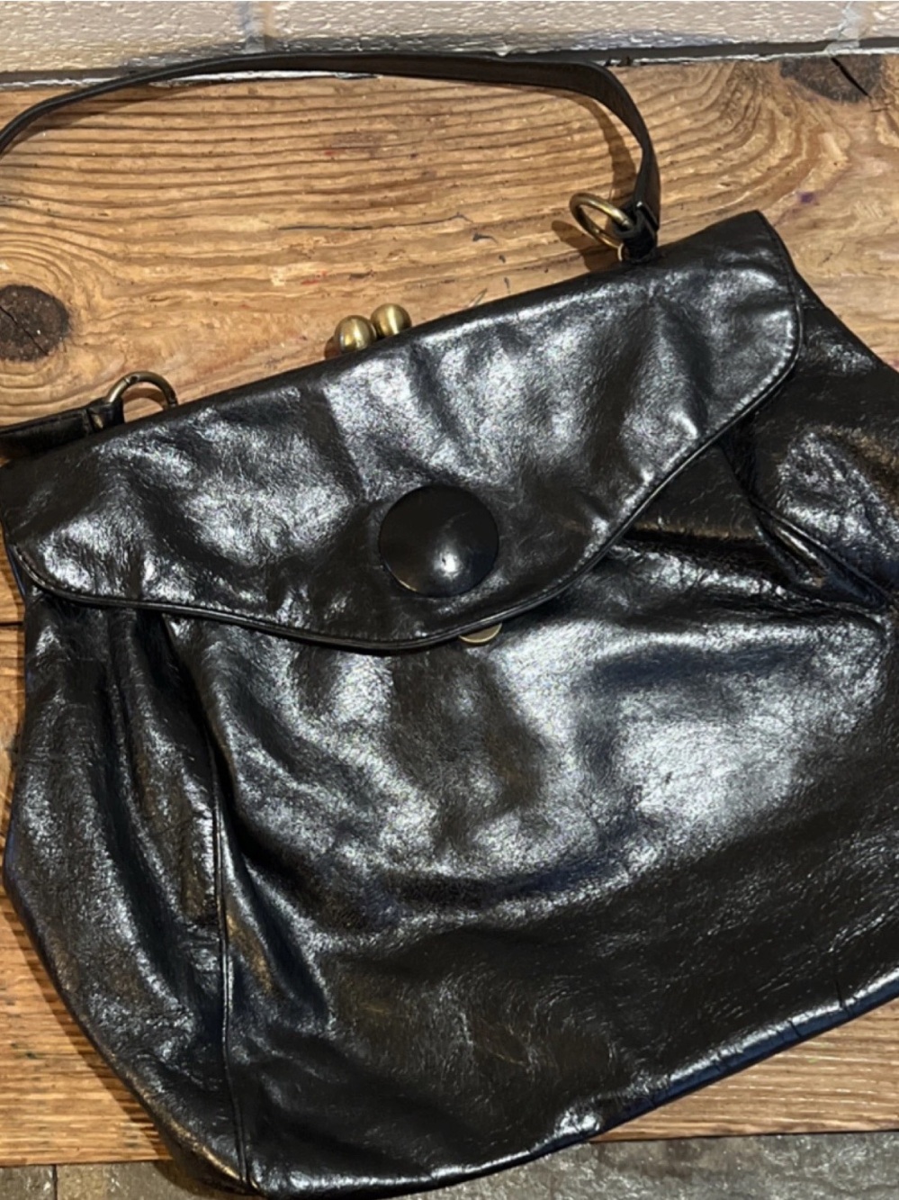 Hobo International Black Top Handle Bag Button Accent Kiss Lock Gold Hardware W…
